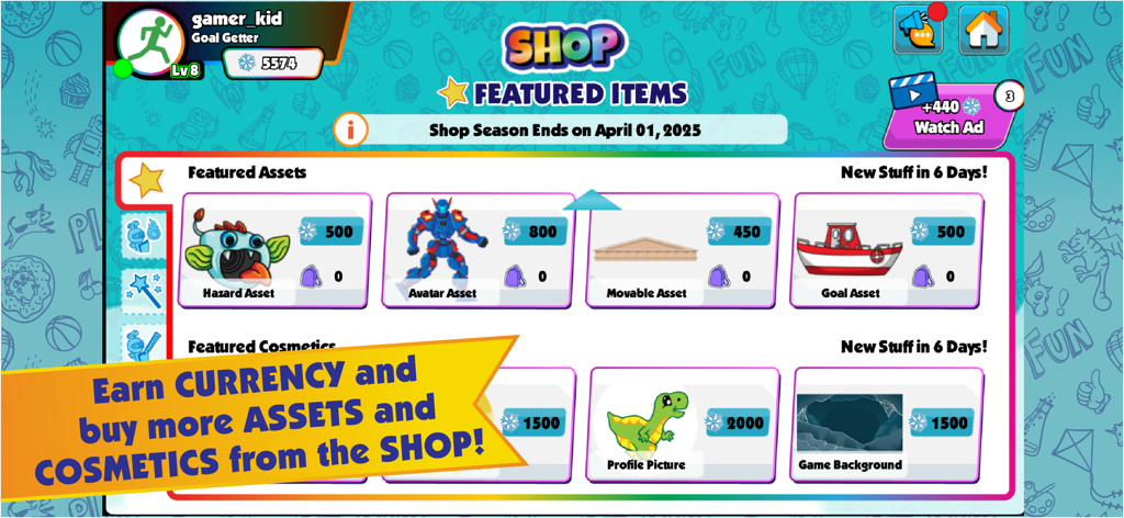 Pixicade in-app shop screen showing featured assets and cosmetics for game building