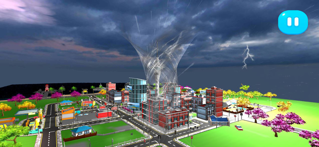 Tornado Rain and Thunder Sim - Uma simulação 3D de um tornado se movendo por uma cidade com raios e chuva