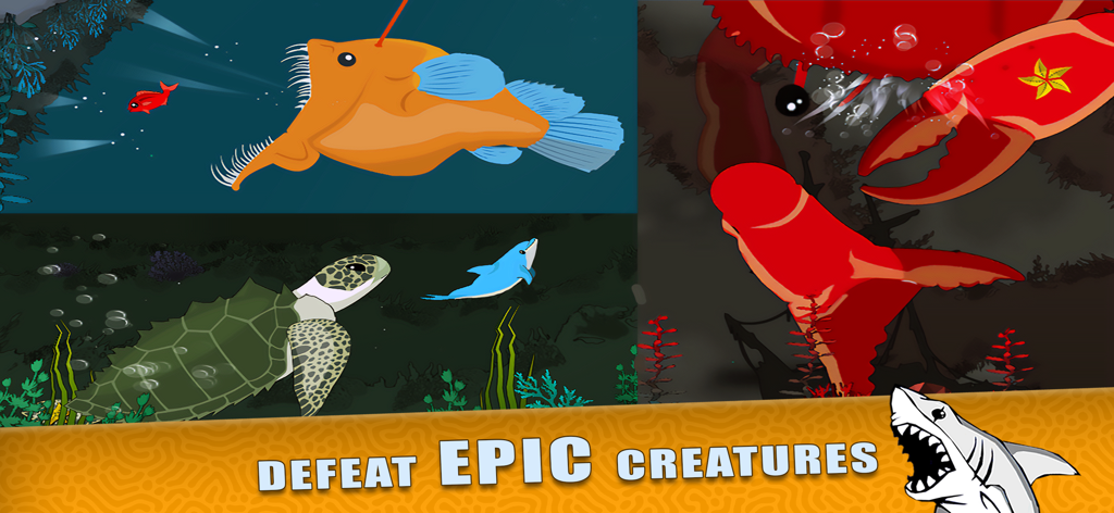 Gameplay from Fish Royale showing various sea creatures and the text Defeat Epic Creatures