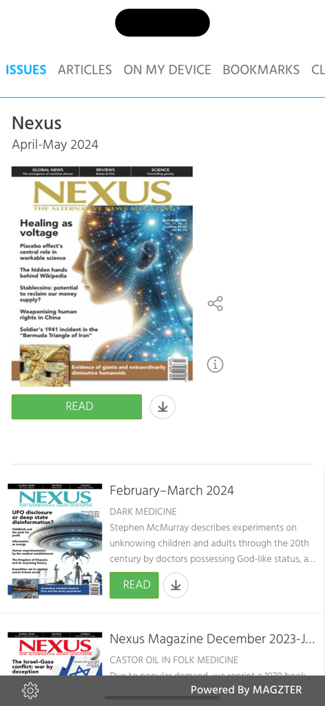 Digital issues list in the Nexus Magazine app showing alternative news covers