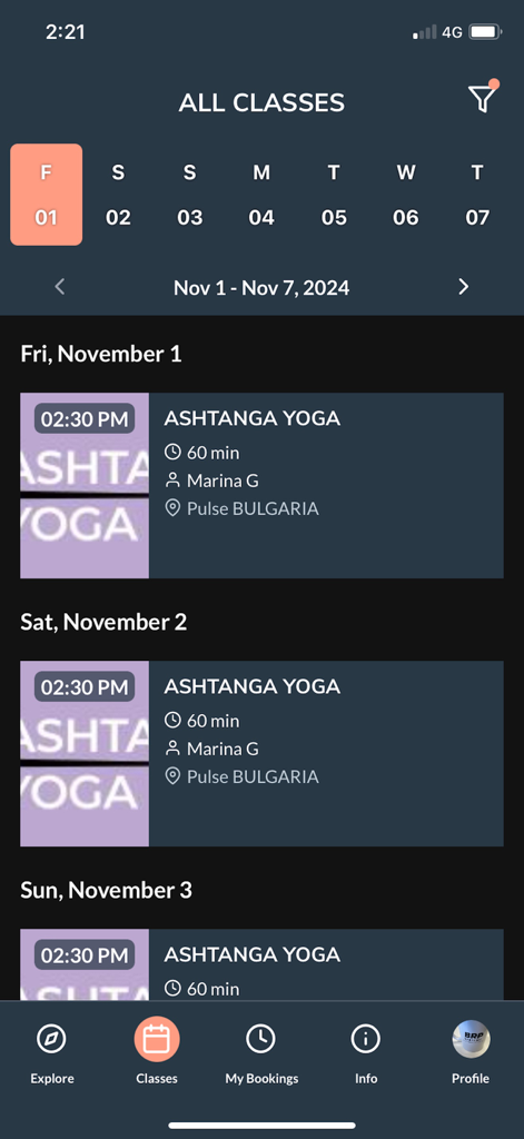 Pulse Club - A mobile screen from the Pulse Club app displaying a weekly schedule of Ashtanga Yoga classes