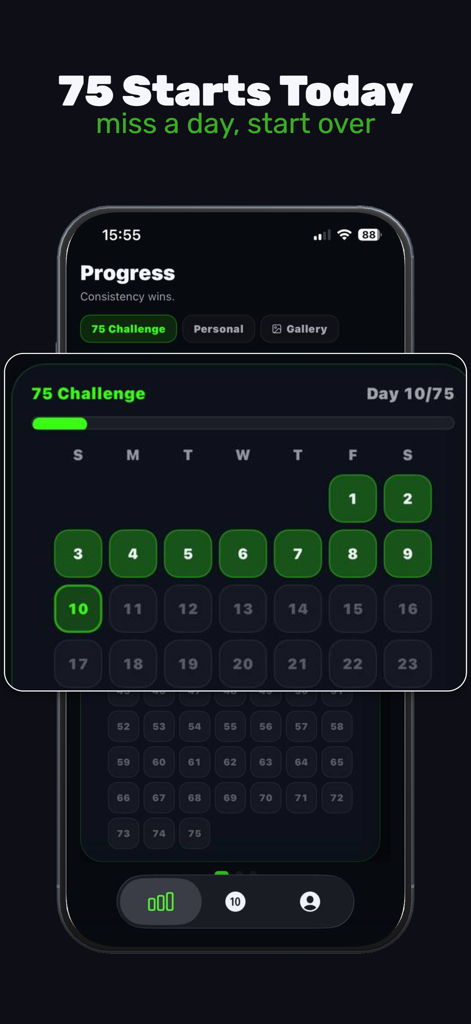 Interfaz de la aplicación móvil que muestra un calendario del desafío de 75 días con una barra de progreso y los días completados resaltados en verde