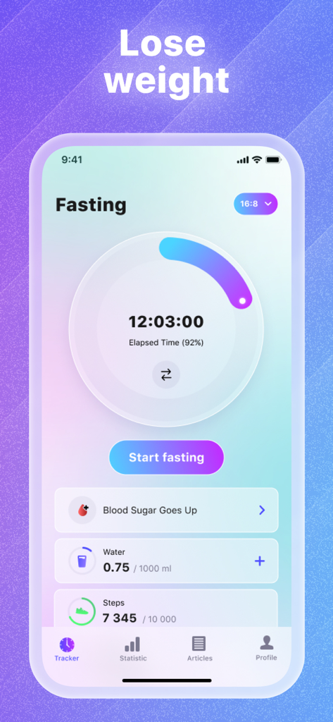 Panel de la aplicación de ayuno intermitente Empty que muestra un temporizador de ayuno, estado del azúcar en sangre, ingesta de agua y contador de pasos diarios.