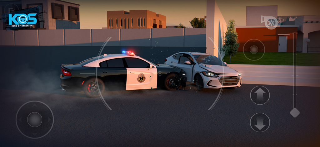 A police car crashing into a white sedan during a chase in King Of Steering Hajwala.