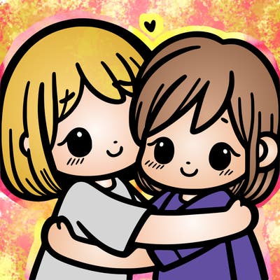two girls hugging one with short hair one with long hair