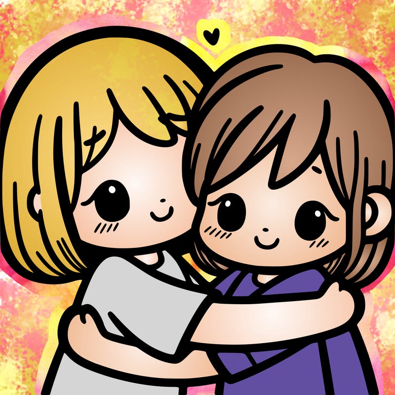 two girls hugging one with short hair one with long hair