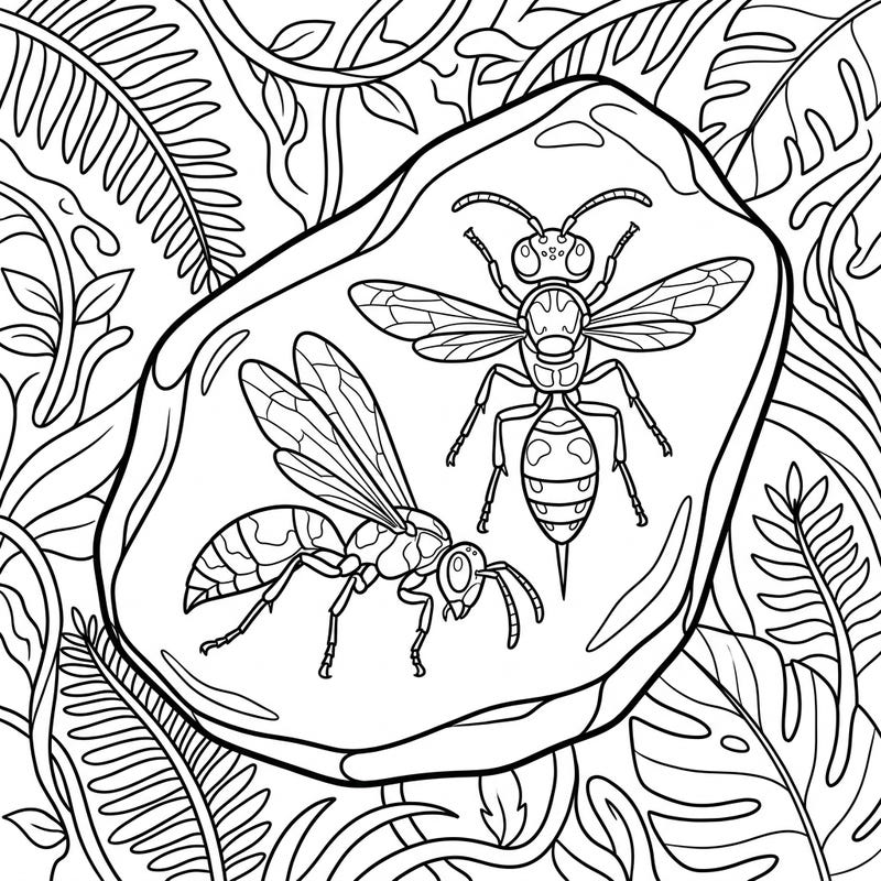Uncover the mysteries of prehistoric life with this captivating amber wasps coloring page. Designed with large, clear outlines, it's perfect for a relaxing and enjoyable creative session for seniors.