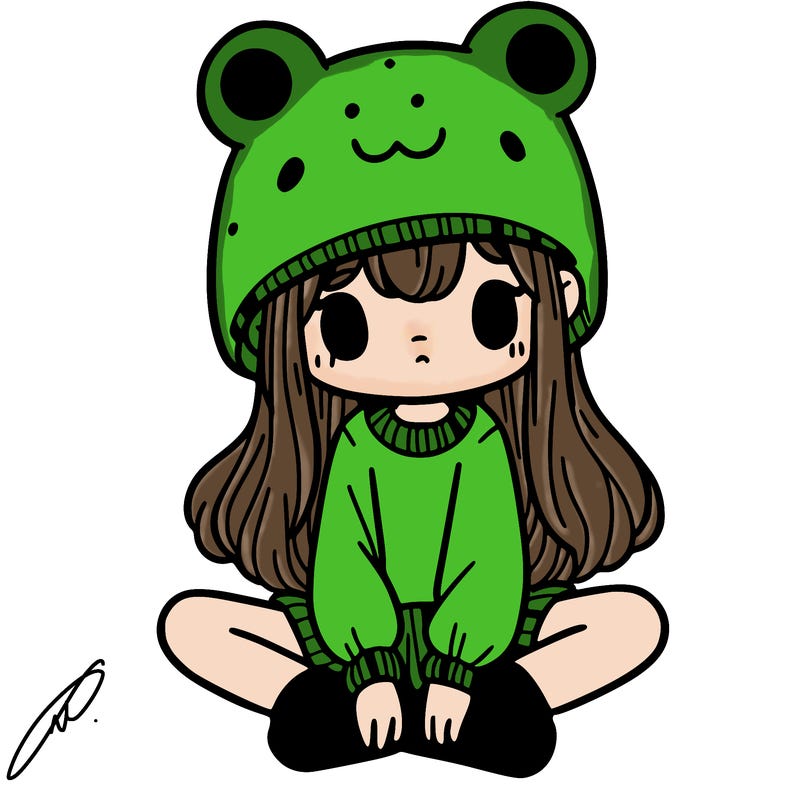 a girl wearing a frog hat and some frog socks