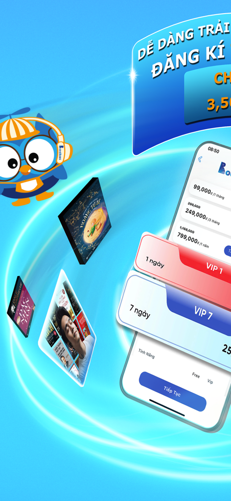 Bookas - Sách nói & Truyện - A smartphone screen showing VIP subscription options for the Bookas Vietnamese audiobook app with a blue owl mascot and book covers.