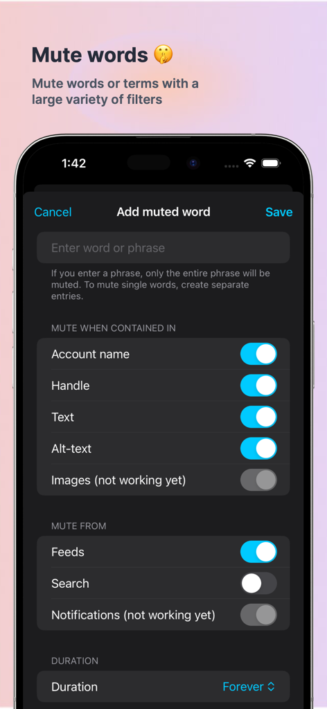 Skeets for Bluesky app screenshot showing the interface for adding muted words with multiple filter options like account name handle and text