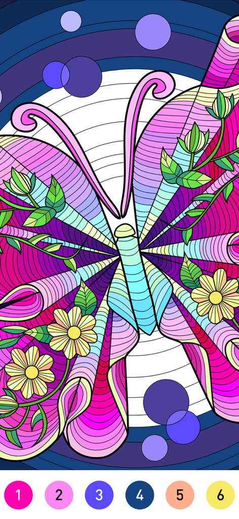Mandala Coloring Book Game - A vibrant butterfly mandala coloring page with a color-by-number interface