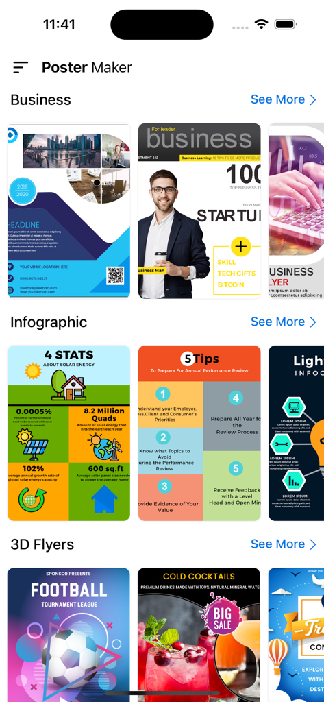 ポスターメーカーアプリに、ビジネスとインフォグラフィックのフライヤーテンプレートが表示されています。