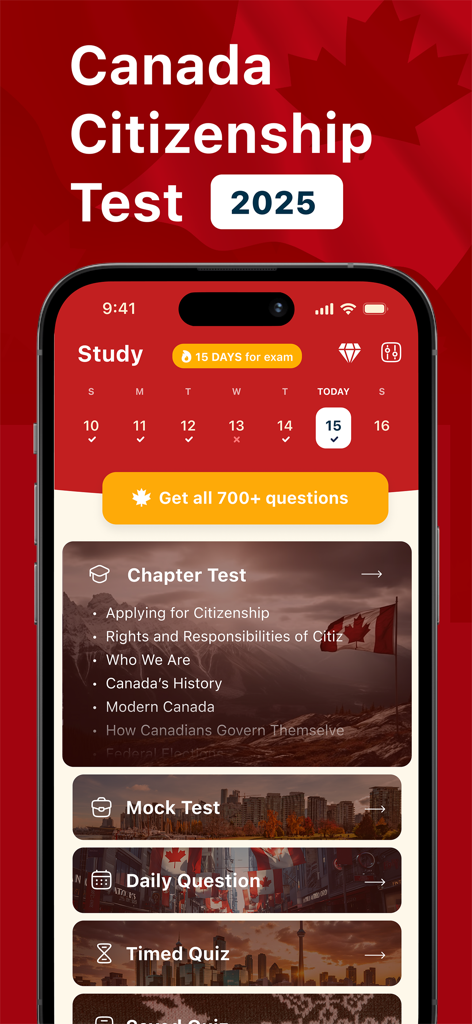 Interfaz de la aplicación móvil para la preparación del examen de ciudadanía canadiense que muestra capítulos de estudio y pruebas de práctica