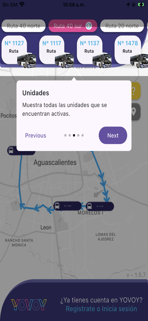 Yovoy StopBus - Aplicación Yovoy StopBus que muestra unidades de autobús activas en un mapa de Aguascalientes