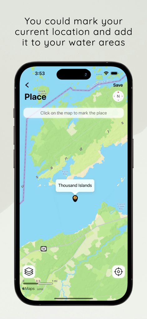 Map screen in When to Fish app showing how to mark and save fishing spots