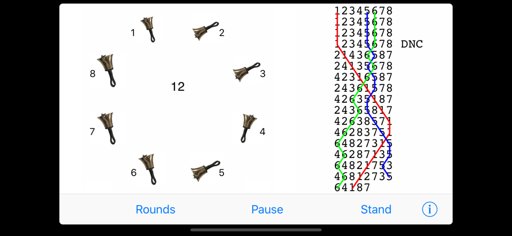 Mobel bell ringing simulator - Mobel bell ringing simulator interface showing handbells and a blue line method diagram for practice