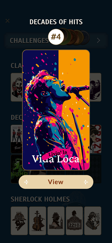 Cryptogram: Word Puzzle Master - Cryptogram app interface showing themed puzzle categories including Decades of Hits and Sherlock Holmes with a pop art card for the song Livin la Vida Loca