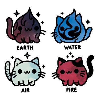 4 cats that represent the different elements, earth, water, air, and fire