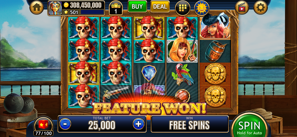 A pirate themed slot machine interface displaying a feature win notification