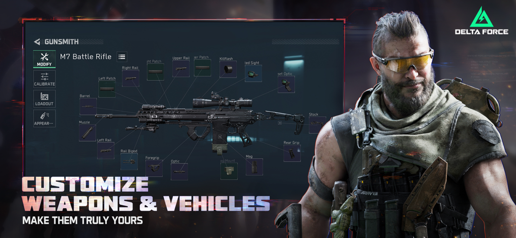 Interfaz de personalización de armas Gunsmith en el juego móvil Delta Force con un rifle de batalla M7 y un personaje operador de élite.