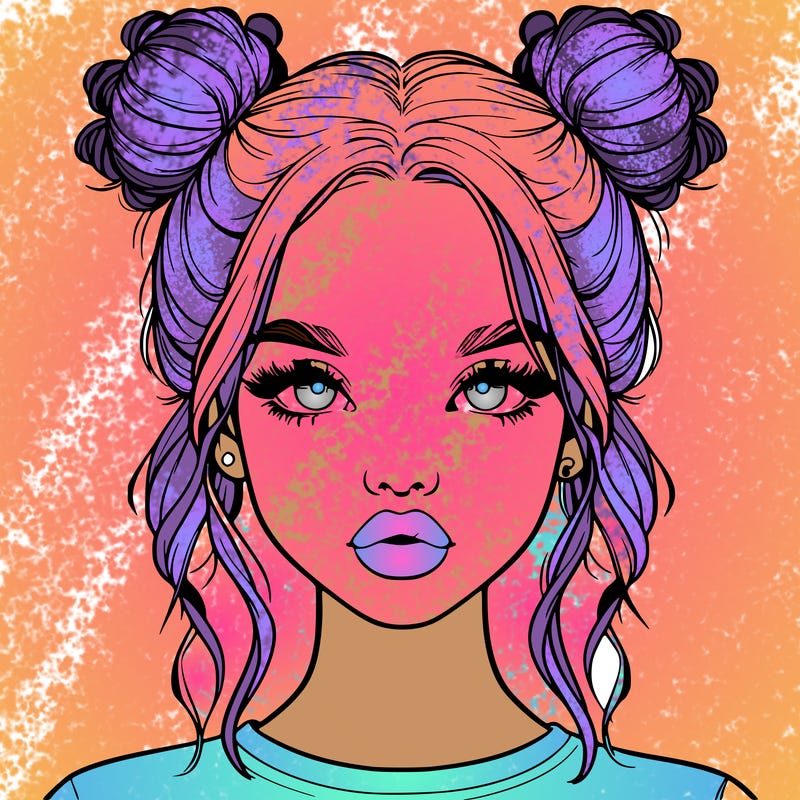 realistic girl with two buns in hair and lips