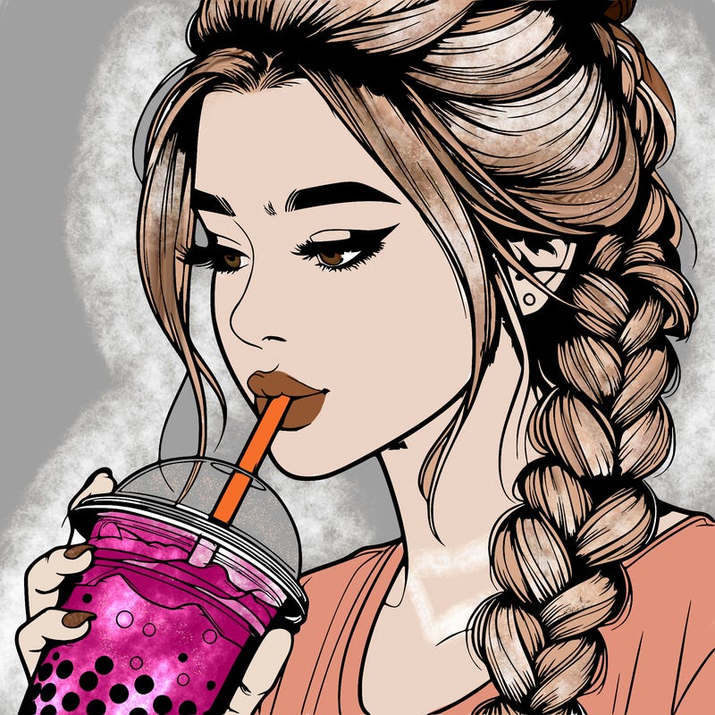 realistic girl drinking boba tea with braided hair