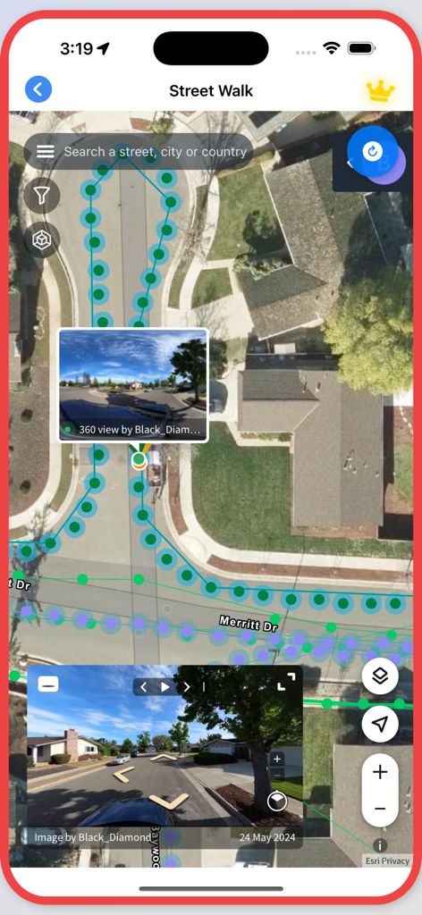 Street Walk feature in MAPAS app with satellite map and street view windows