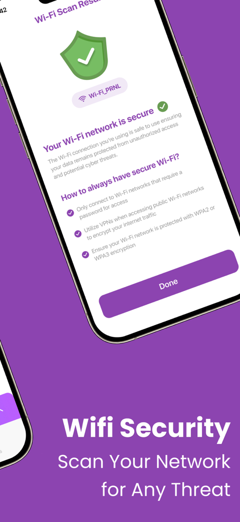 iPhone screen showing the Wi-Fi security scan results in the TOR Browser app confirming a secure network connection