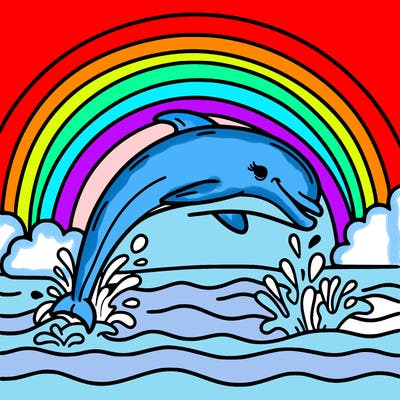 dolphin with rainbows in the background diving into the water