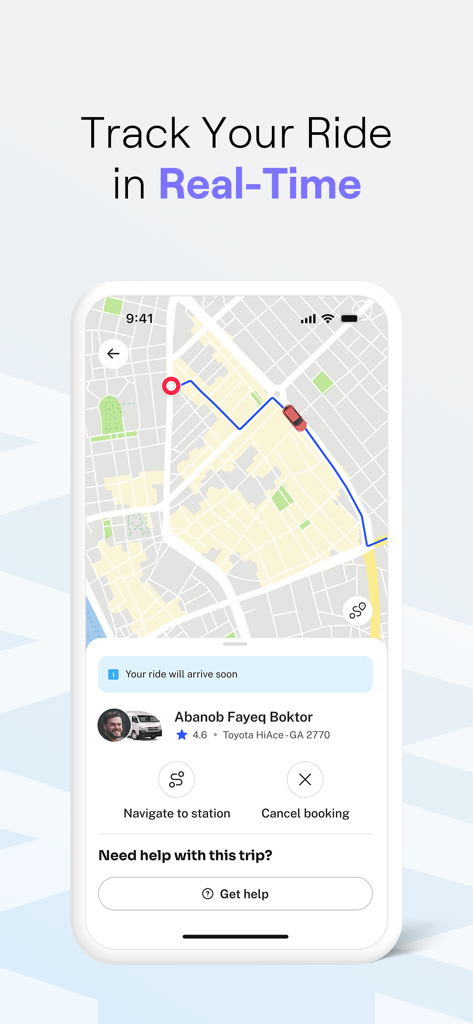 Swvl - Daily Rides - Swvl app interface displaying real-time ride tracking on a map with driver information