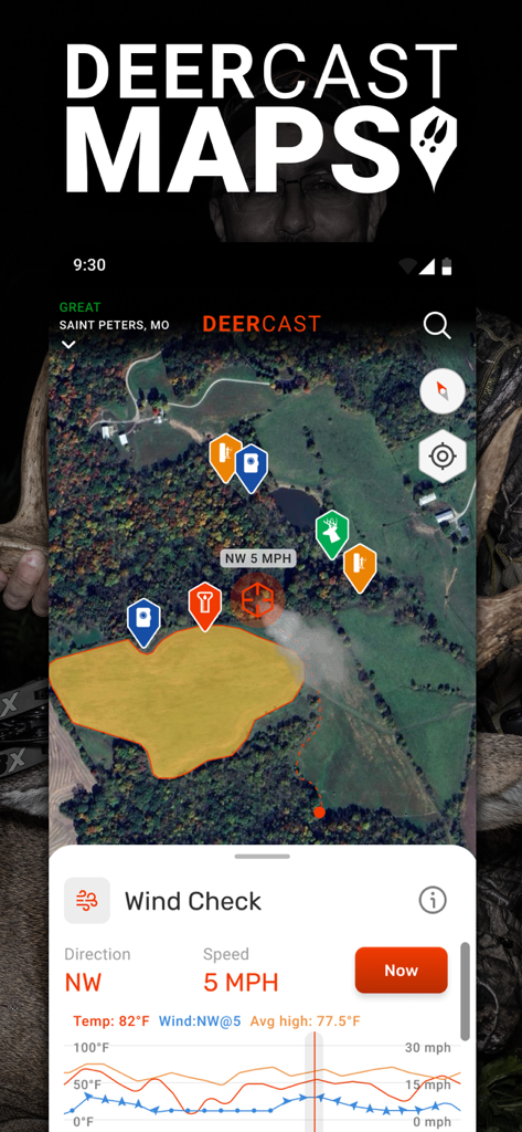 Satellite hunting map and wind check tool in the DeerCast app