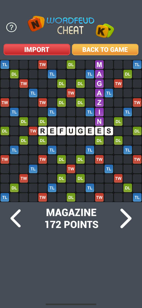 Solve WordFeud Cheat - Interfaz de la aplicación Solve WordFeud Cheat mostrando una solución de palabra de alta puntuación en un tablero de juego
