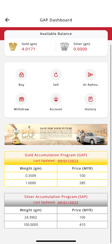 Public Gold GAP dashboard displaying gold and silver investment balances and market prices