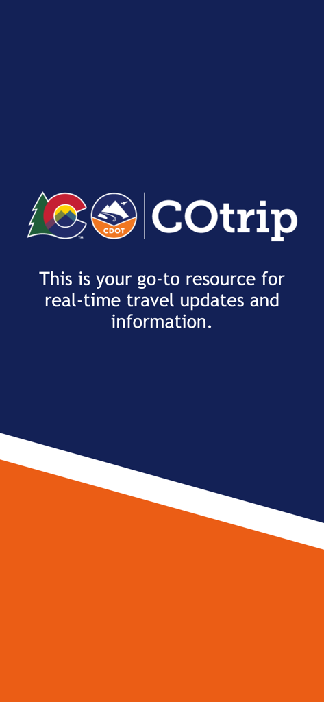 COtrip Planner - Welcome screen of the COtrip Planner mobile app with Colorado Department of Transportation logo and real-time travel information text