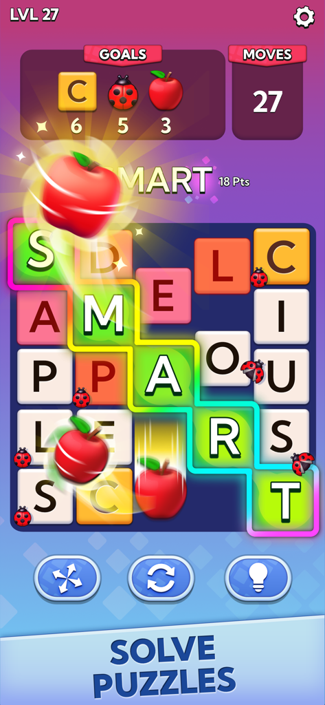 Word Blast - Connect & Solve - Mobile game screen of Word Blast showing a word being connected on a letter grid with level goals.