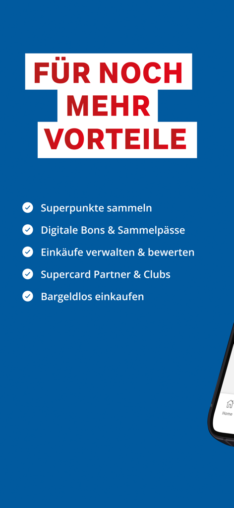 Interface mostrando os benefícios da aplicação Supercard, como cupões digitais, pontos de fidelidade e pagamento móvel