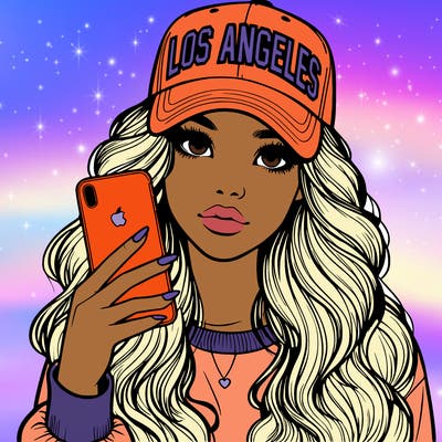 realistic beautiful girl wearing los ángeles cap holding an iphone