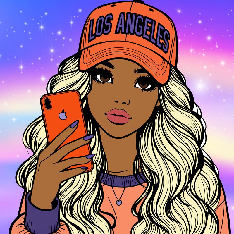 realistic beautiful girl wearing los ángeles cap holding an iphone