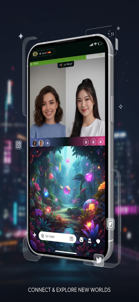 Ora Live - Interfaccia dell'app Ora Live che mostra uno streaming live a schermo diviso con due creator donne e uno sfondo fantasy.