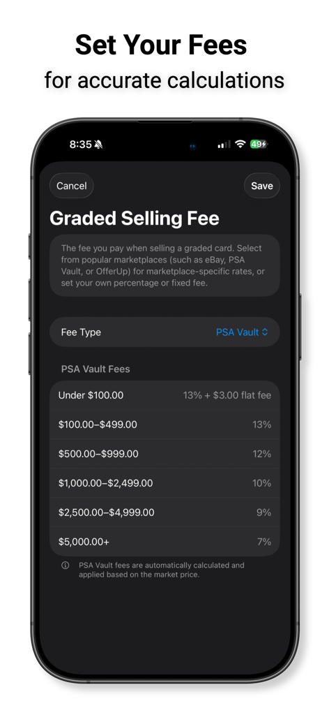 Grading Calculator for Pokemon - Configurações personalizáveis de taxas de venda no aplicativo de calculadora de classificação de Pokémon mostrando os níveis de taxa do PSA Vault.
