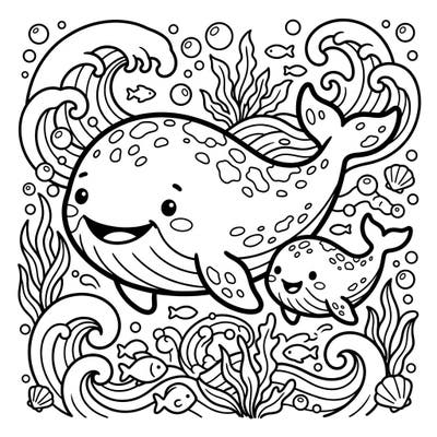 Embark on an adorable underwater journey with this charming Kawaii Gray Whales coloring page. Capture the gentle spirit of these magnificent creatures and their playful calf in a delightful ocean setting.