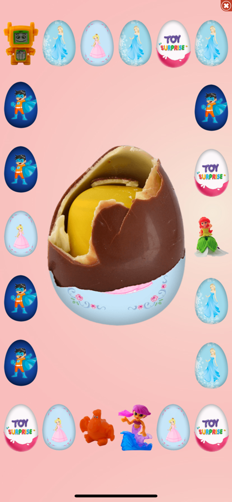 Surprise Eggs - Un uovo di cioccolato a sorpresa parzialmente aperto che rivela una capsula gialla, circondato da diverse uova e giocattoli a tema