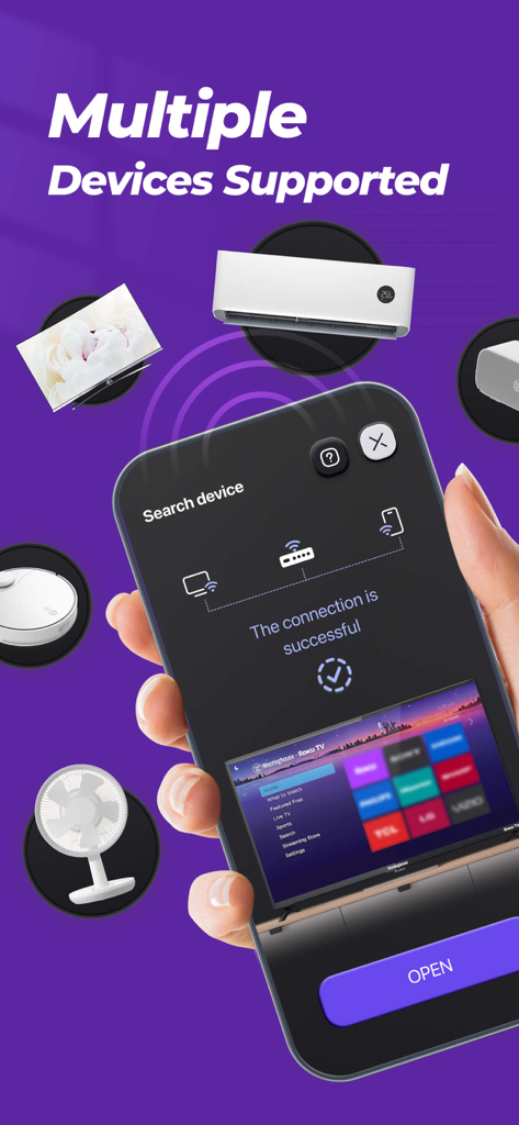 iTV Remote: Universal Control - Pantalla de la aplicación de control remoto universal mostrando la conexión exitosa a múltiples dispositivos domésticos inteligentes