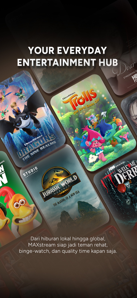 MAXstream app interface with movie posters for global entertainment