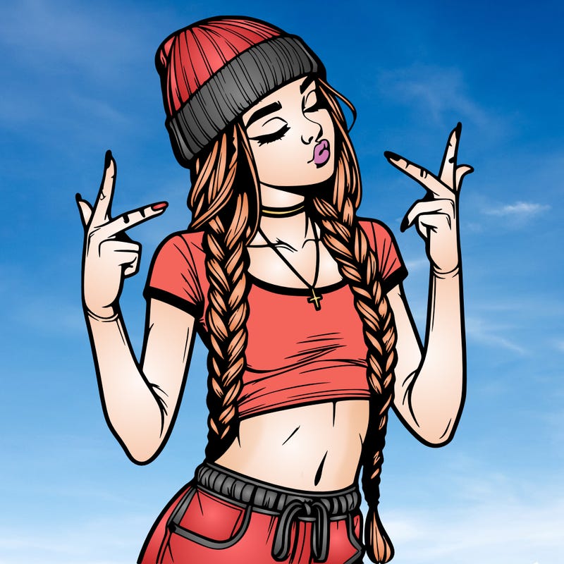 realistic teenage girl with braids and a beanie and crop top doing 🫶🏼