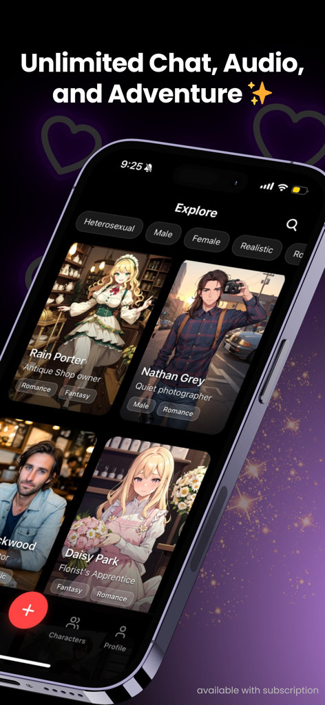 Luvr AI: Create AI Scenarios - Luvr AI app interface showing different AI character profiles for roleplay and chat scenarios