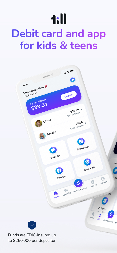 Till: Kids & Teen Banking - Till app dashboard for parents showing wallet balance and child account management for kids and teens