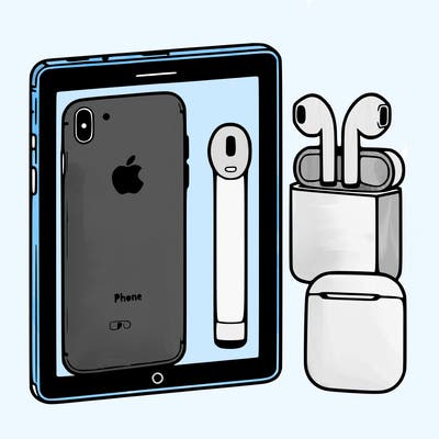 an iphone next to a metal box that is squished slightly,next to a tablet that has the apple logo next to airpods