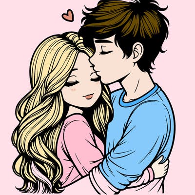 a realistic couple boy and girl hugging and kissing
