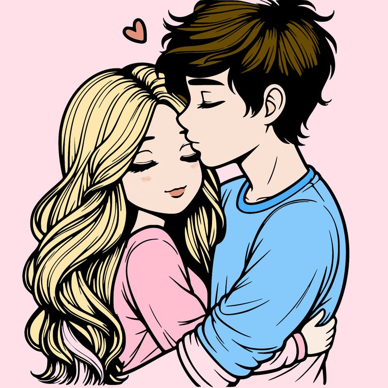 a realistic couple boy and girl hugging and kissing